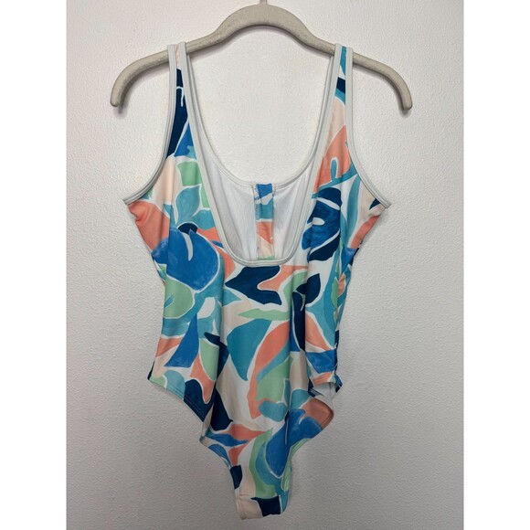 Old Navy Medium Half Zip Floral Swim Suit Blue One Piece High Leg Scoop Back - Picture 6 of 13